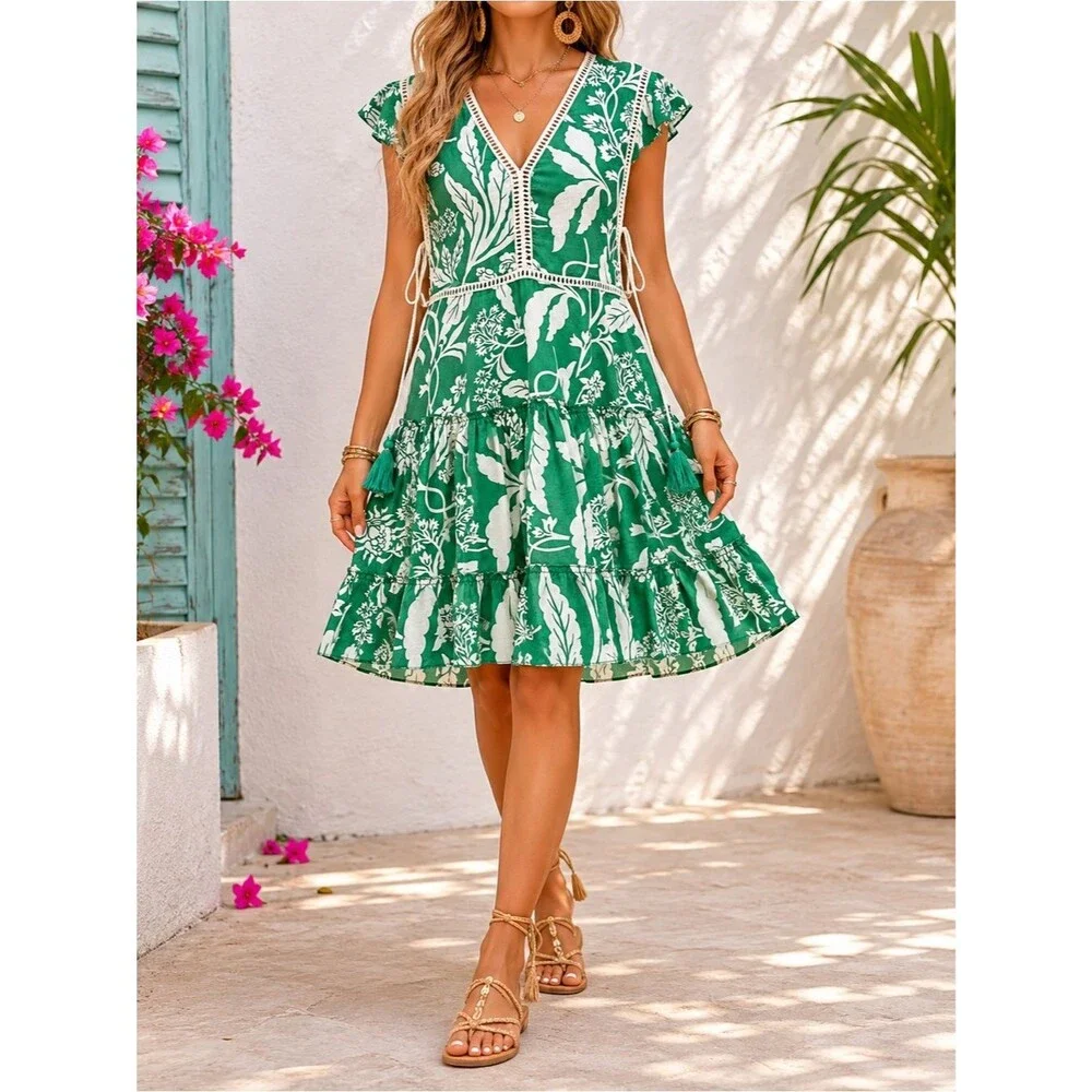Z&L Europe Green White Floral Print Boho Mini Dress Tassel Tie Cotton Sz Medium